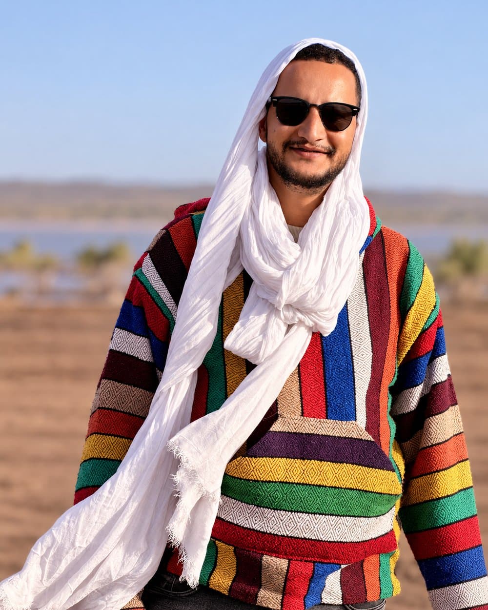 Abdel outdoors in a colorful sweater and white scarf