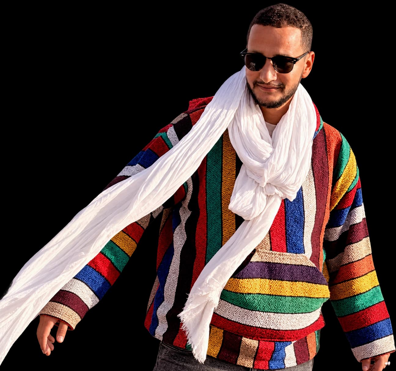 Abdel in a colorful striped sweater, with his white scarf blowing to the side