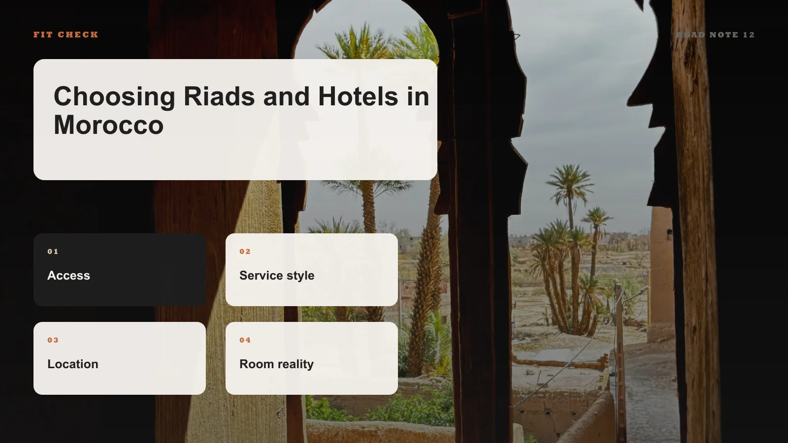 Riad versus hotel suitability matrix infographic for Morocco accommodation planning.