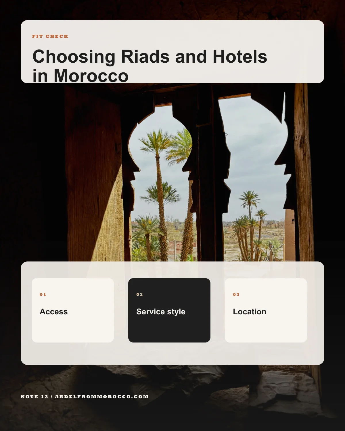Riad versus hotel suitability matrix infographic for Morocco accommodation planning.