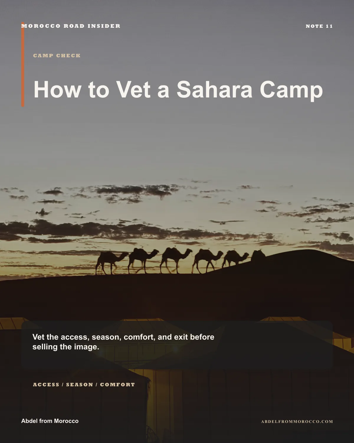 Sahara camp inspection checklist infographic for travel advisors.
