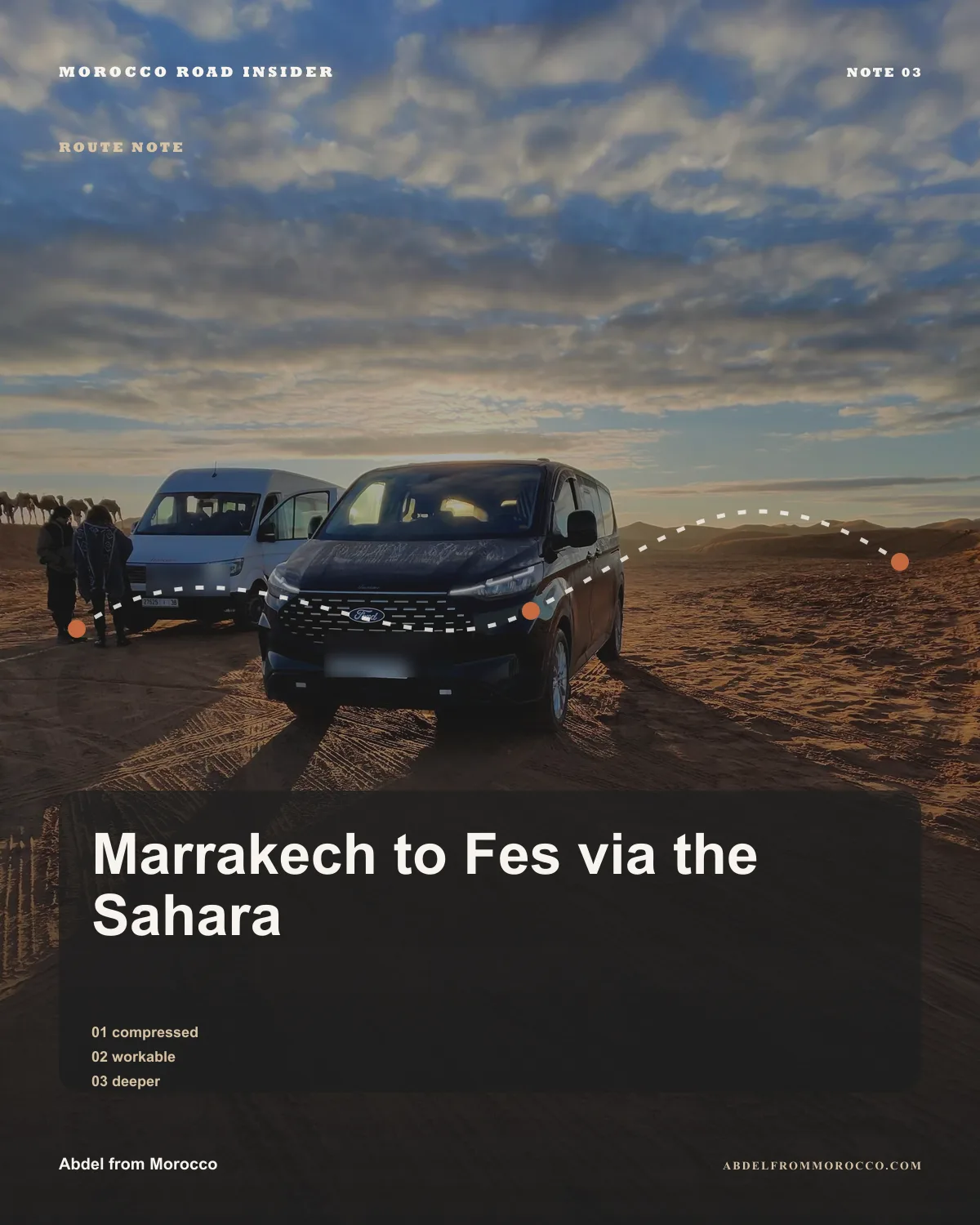 Infographic comparing three, four, and five day Marrakech to Fes via Sahara route rhythm.