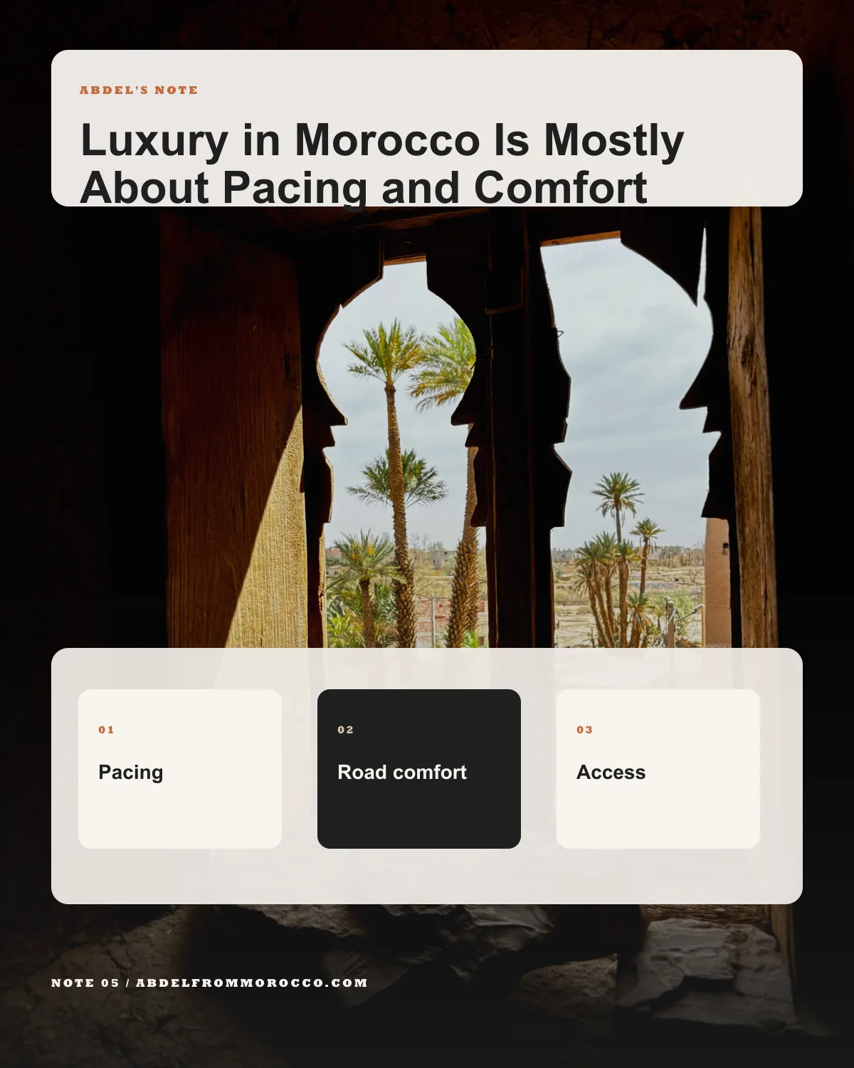 Luxury value hierarchy infographic for Morocco travel showing pacing, comfort, and invisible care.