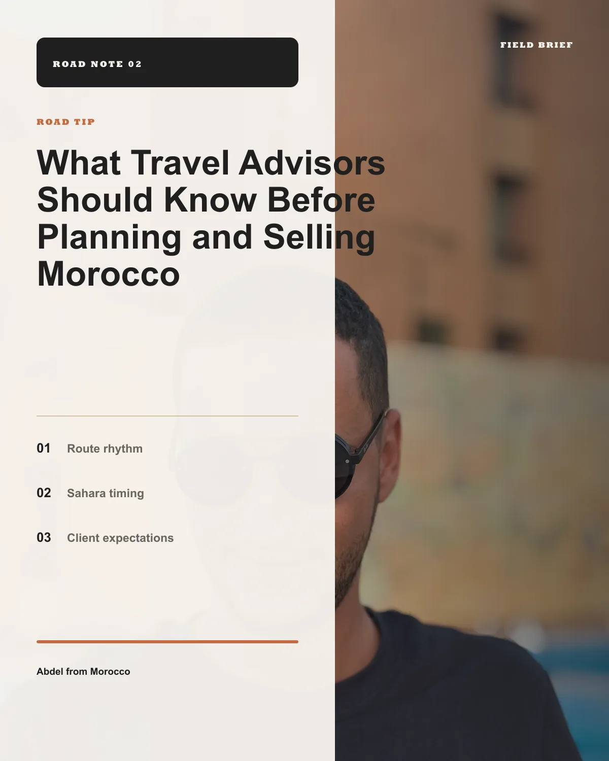 Advisor field guide infographic for checking Morocco route logic before selling a proposal.