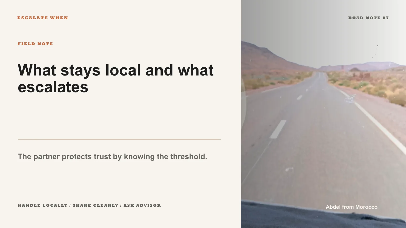 Infographic showing local handling, advisor updates, and escalation thresholds.