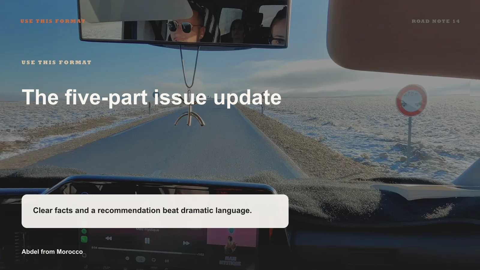 Infographic showing a five-part issue update format for travel advisors during a Morocco trip.