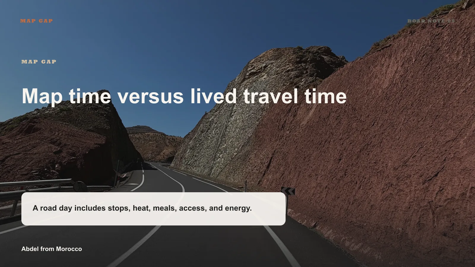 Infographic explaining the difference between map time and lived road time in Morocco.